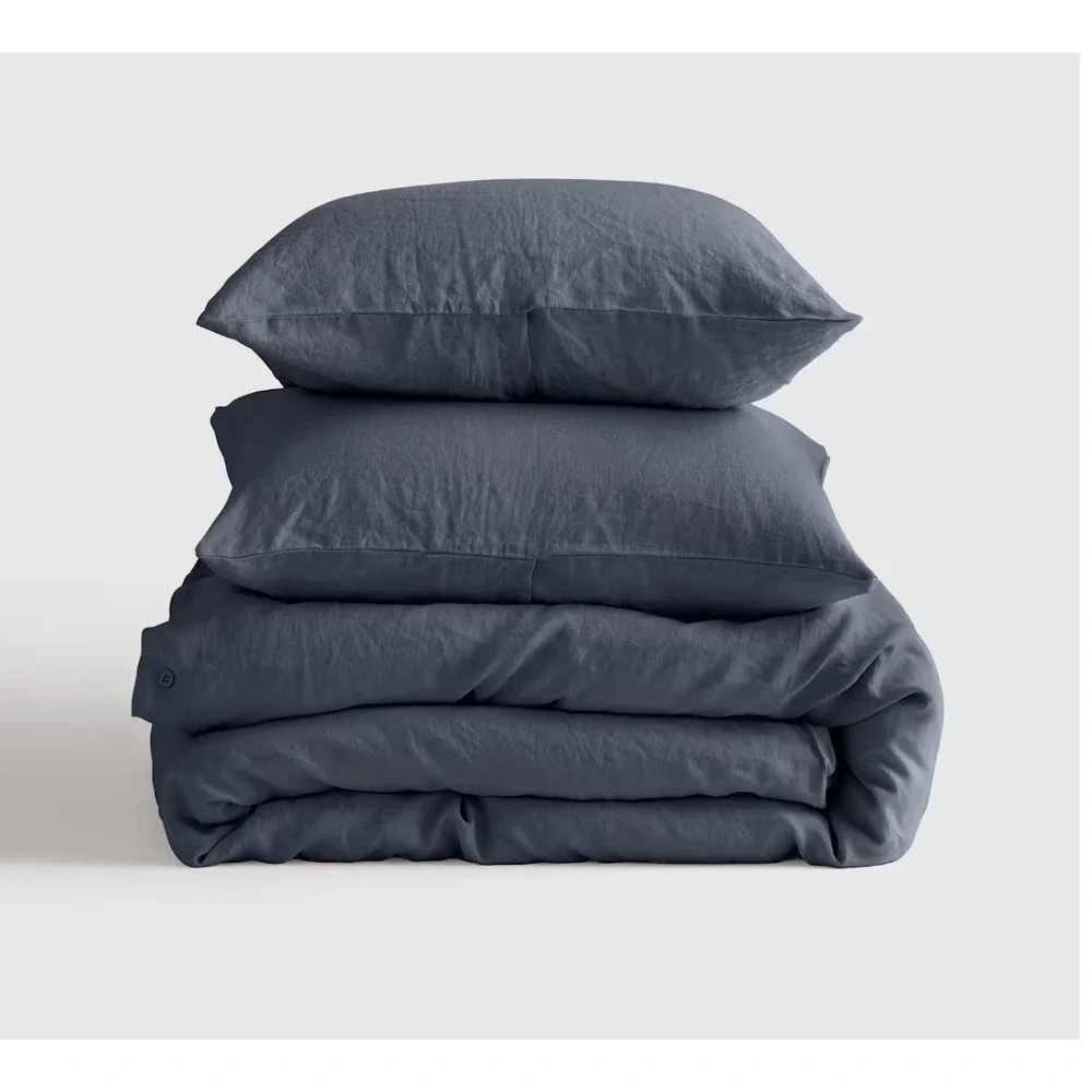 Quince European Linen Duvet Cover Set Twin Size Night Fall Blue 2 Piece w/ Sham